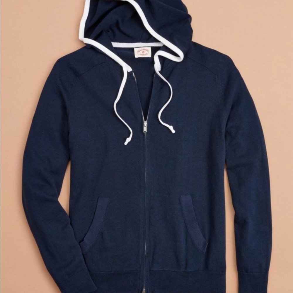 Men’s BROOKS BROTHERS Navy & White Contrast Zip-Up Hooded Sweater. Size XXL